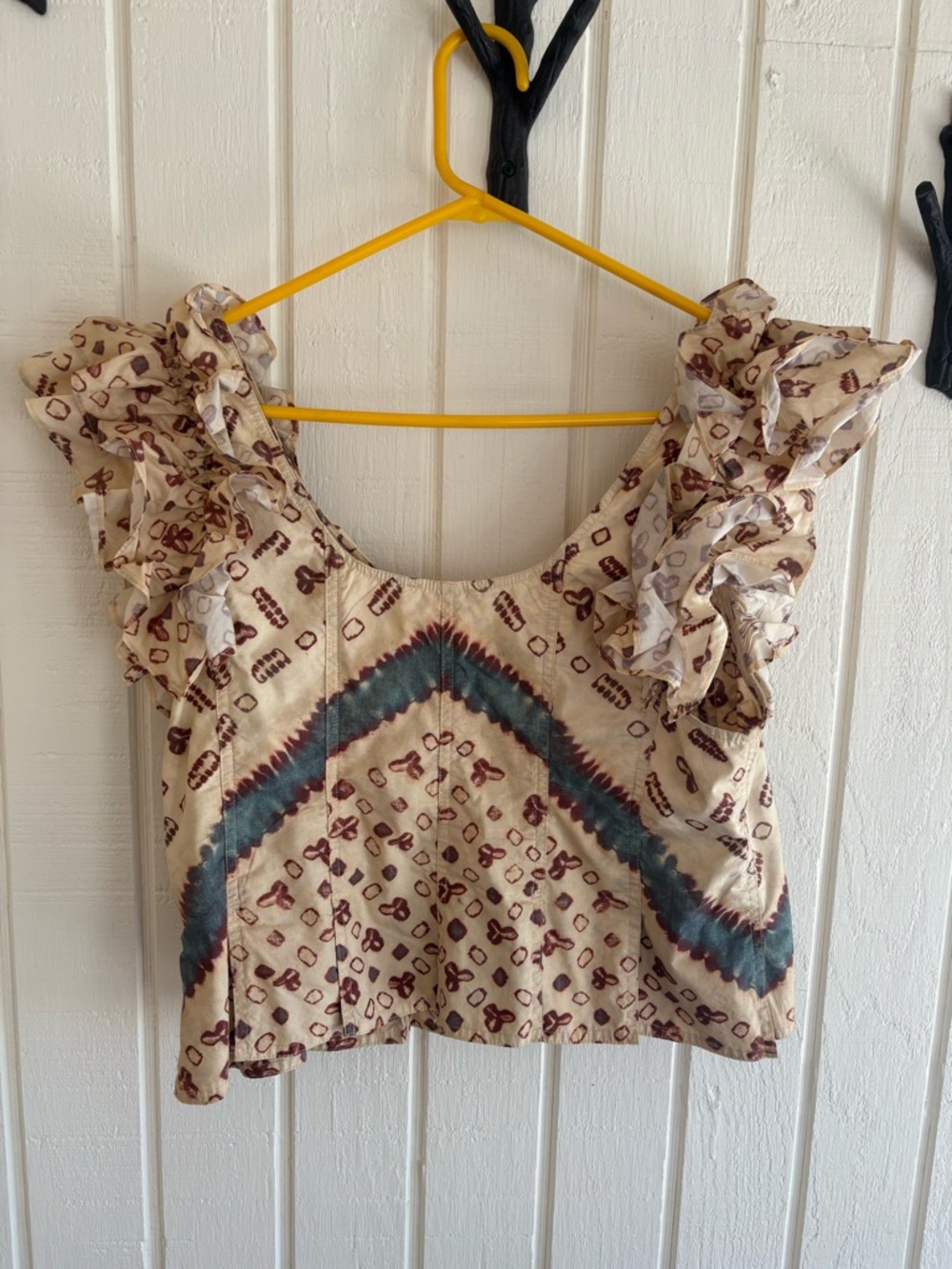 Ulla Johnson Cream Ruffle-Sleeve southwestern boho Printed Crop Top size 12 EUC - Picture 2 of 3